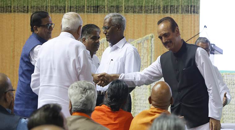 Ghulam Nabi Azad, D Raja, Satish Mishra and Farooq Abdulah at the all-party prayer meeting for Atal Bihari Vajpayee in New Delhi on Monday. (Express photo/Anil Sharma)
