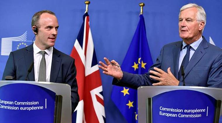 Britain's Secretary of State for Exiting the European Union, Dominic Raab and European Union's chief Brexit negotiator, Michel Barnier, brief the media after a meeting at the EU Commission headquarters in Brussels on Friday. (Reuters)