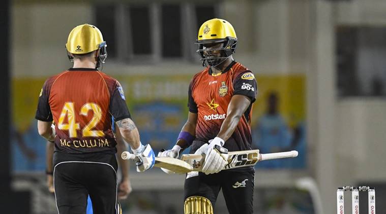 Trinbago Knight Riders' Darren Bravo and Brendon McCullum in the CPL match against St Lucia Stars