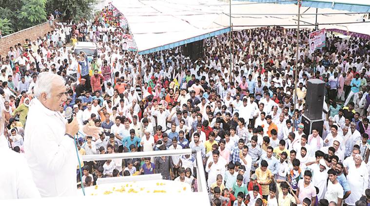 Bhupinder Singh Hooda at Dakoda village in Nangal Chaudhary Monday. Express