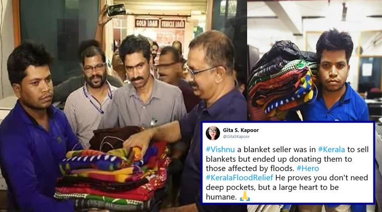 kerala, kerala floods, kerala rain, kerala flood relief, kerala flood heros, kerala relief donations, man donates blankets kerala, good news, indian express, viral news