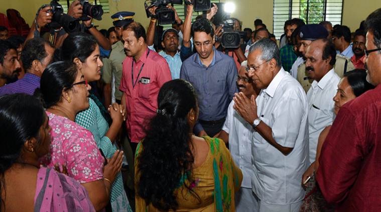 Kerala Chief Minister Pinarayi Vijayan during a visit to a relief camp at Kozhencherry, in Pathanamthitta on Thursday. (AP)