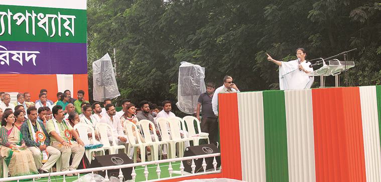 Mamata Banerjee at the TMCP foundation day rally in Kolkata on Tuesday. Subham Dutta