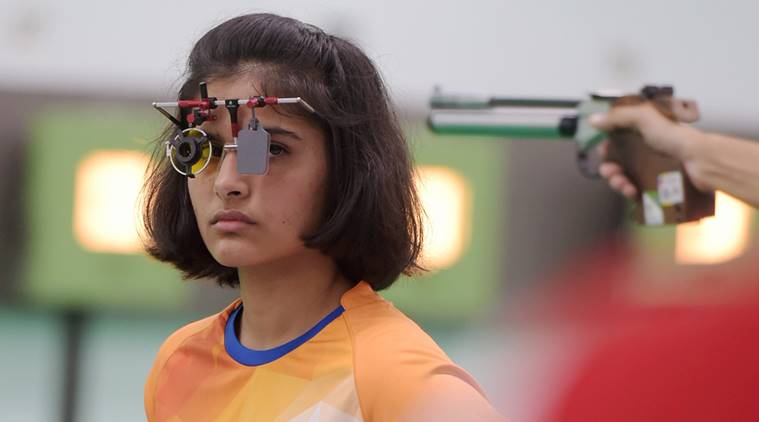 Indian shooter Manu Bhaker competes in the 10m air pistal qualification round during the 18th Asian Games Jakarta, Palembang, 2018, in Indonesia