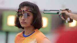 Indian shooter Manu Bhaker competes in the 10m air pistal qualification round during the 18th Asian Games Jakarta, Palembang, 2018, in Indonesia