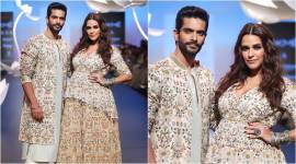 Lakme Fashion Week, Lakme Fashion Week 2018, Lakme Fashion Week Neha Dhupia, Angad Bedi ramp walk, Neha Dhupia pregnancy, Neha Dhupia Payal Singhal, indian express, indian express news