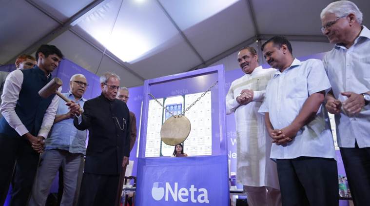 Former president Pranab Mukherjee with Delhi Chief Minister Arvind Kejriwal at the inaugural event in New Delhi on Friday. (Express photo/Praveen Khanna)