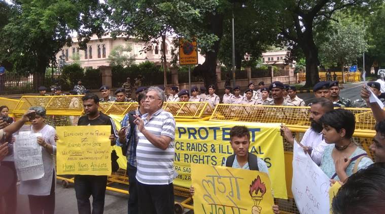 Delhi Solidarity Group protest against against arrested journalist and human rights activists outside Maharashtra sadan in Delhi (Express photo by Prem Nath Pandey)