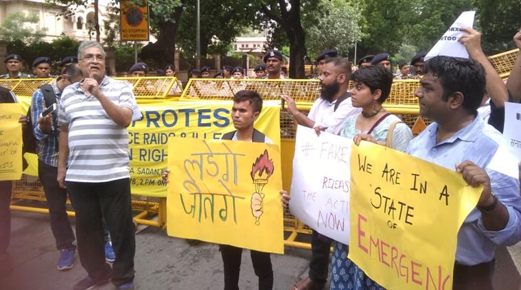 Delhi Solidarity Group protest against against arrested journalist and human rights activists outside Maharashtra sadan in Delhi (Express photo by Prem Nath Pandey)