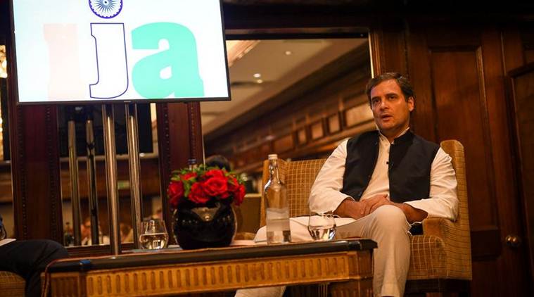 Congress president Rahul Gandhi addresses the Indian Journalists' Association in London on Saturday. (Twitter/@INCIndia)