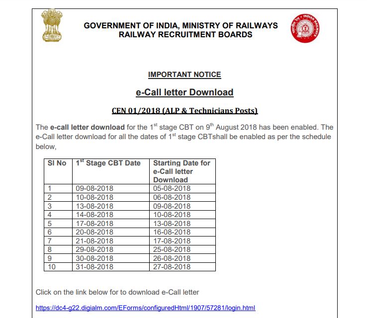 RRB Group C ALP, Technician Admit Card 2018 Released At Indianrailways ...