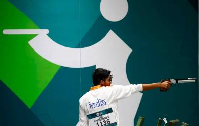 Saurabh Chaudhary of India competes at the Asian Games