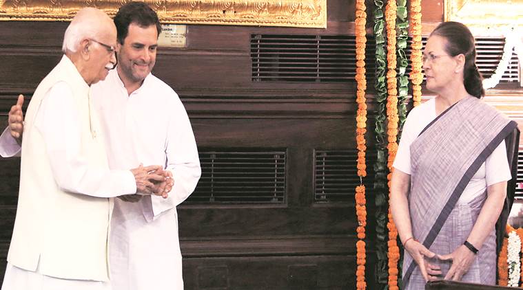 BJP veteran L K Advani with Rahul and Sonia Gandhi at Parliament House on Monday. (Express photo/Prem Nath Pandey)
