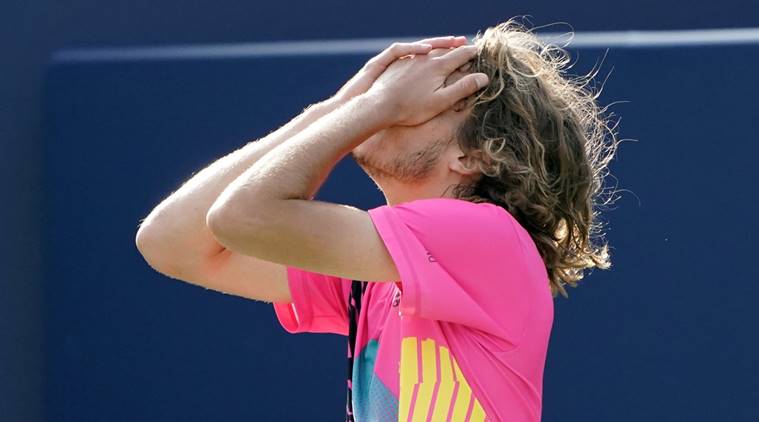 Stefanos Tsitsipas reacts after defeating Kevin Anderson during the semi finals in the Rogers Cup tennis tournament at Aviva Centre in Toronto