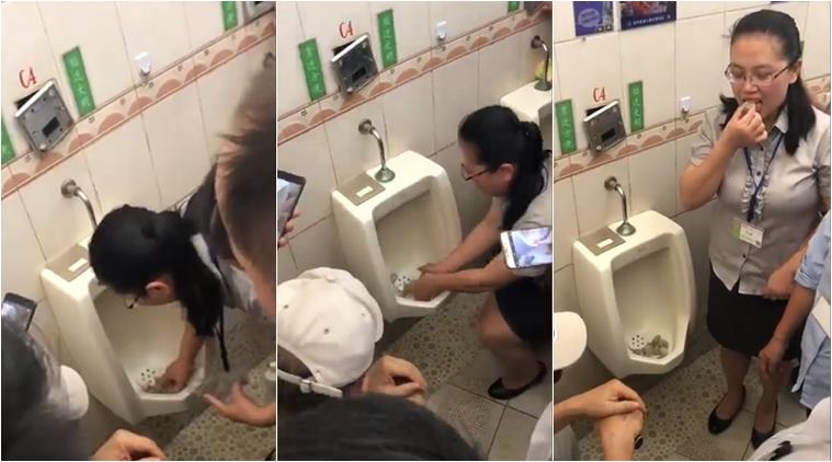 Chinese woman eats riceball out of urinal to prove it’s clean.