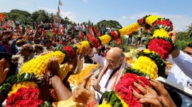 BJP chief Amit Shah greeted by the crowd in Puri, Odisha, on Monday. (Twitter/@AmitShah)