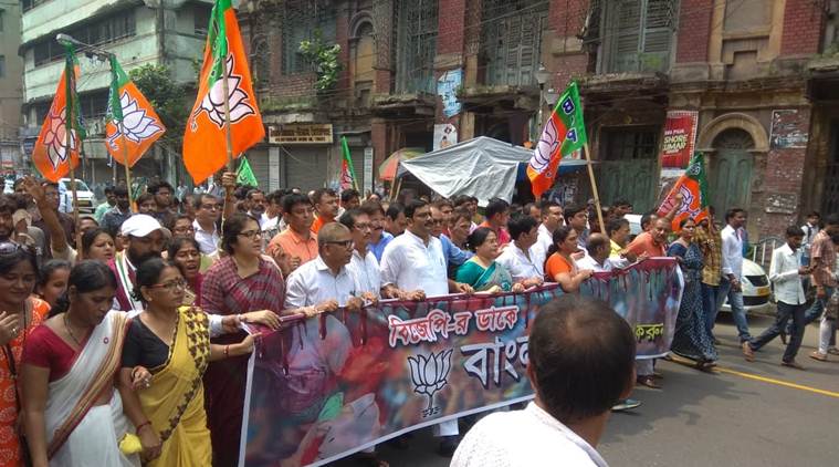 A BJP rally, led by national secretary Rahul Sinha, in Kolkata. (Express photo/Partha Paul)