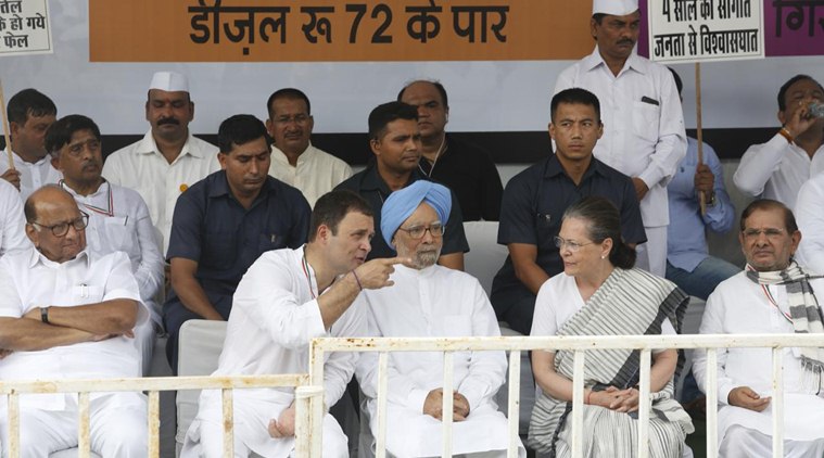 UPA chairperson Sonia Gandhi and former prime minister Manmohan Singh join Congress chief Rahul Gandhi in New Delhi for a nationwide shutdown to protest against fuel prices on Monday. (Express photo/Anil Sharma)