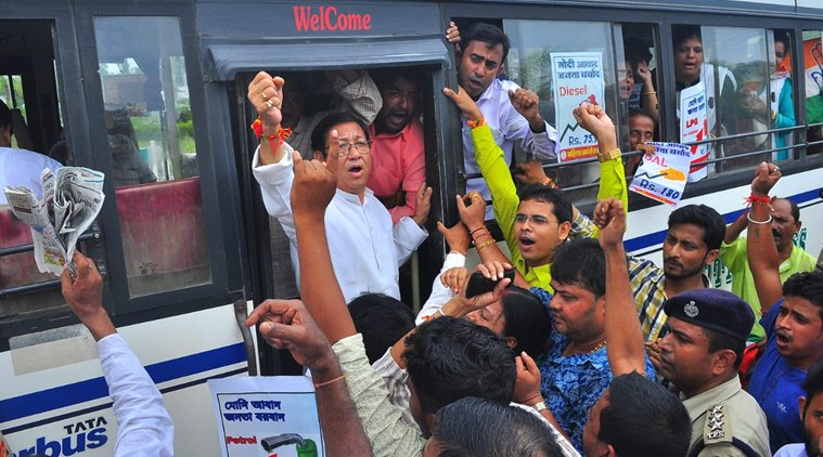 Tripura Pradesh Congress president Birajit Sinha protests in front of the state secretariat on Monday. (Express photo/Debraj Deb)