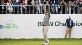 Keegan Bradley reacts after defeating Justin Rose (not pictured) in a playoff hole in the final round of the BMW Championship golf tournament at Aronimink GC.