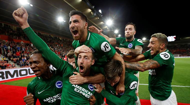 Brighton's Glenn Murray celebrates scoring their second goal with teammates against Southampton