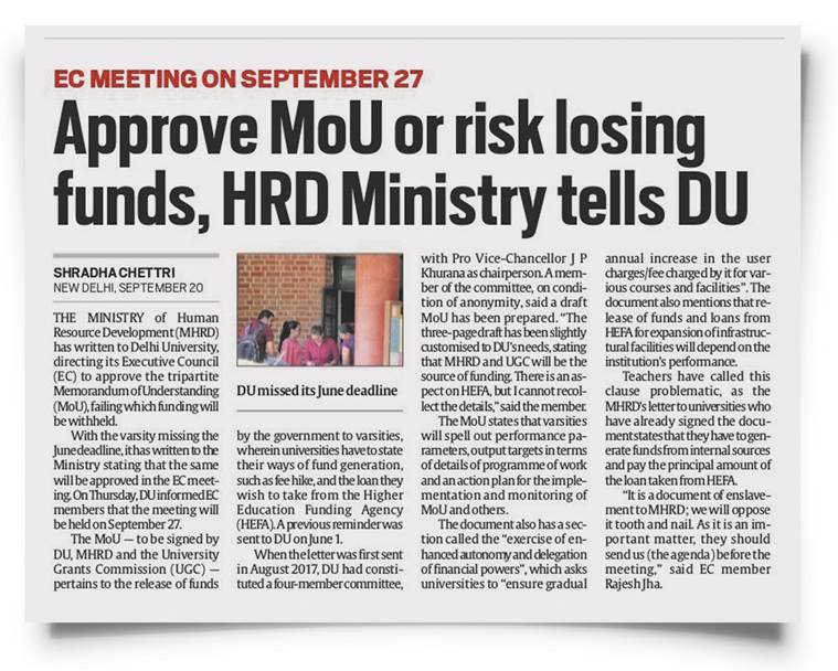 delhi university, Delhi University Teachers’ Association, duta slams hrd, du hrd, MHRD DU, du arm twisting, indian express, du teachers protest