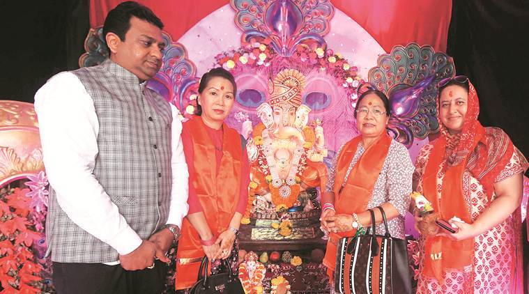 Members of a delegation from Myanmar, who are in Pune for the BIMSTEC military exercise with the Indian Army, visited the Swarajya Mitra Mandal in Koregaon Park for Ganesh Festival celebrations, in Pune on Saturday. (Express photo/Pavan Khengre)