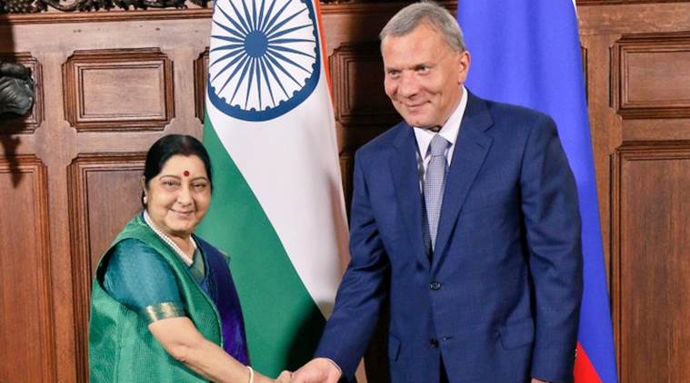 External Affairs Minister Sushma Swaraj with Russia's Deputy Prime Minister Yuri Borisov. (Source: @MEAIndia/Twitter)