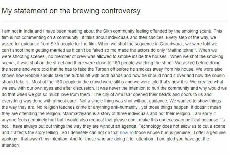 manmarziyaan controversy kashyap statement