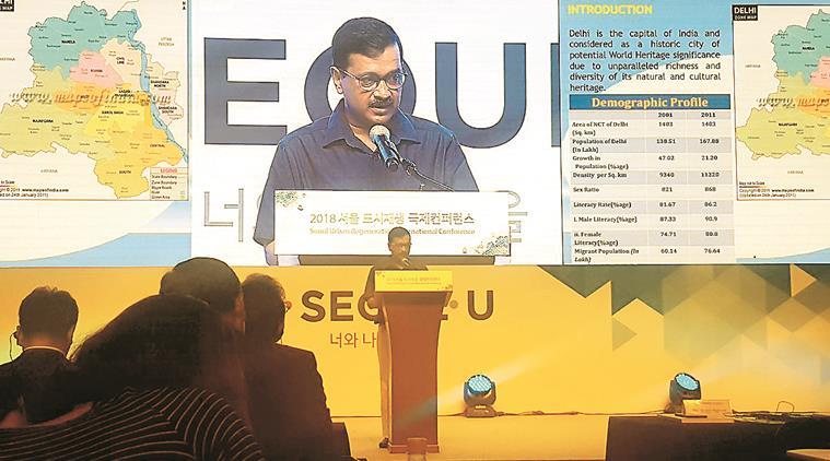Kejriwal addressing the conference in Seoul. (Twitter)