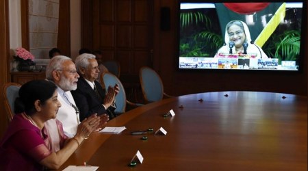 PM Narendra Modi inaugurated the Agartala-Akhaura rail project with Bangladesh premier Sheikh Hasina through video conferencing. (Source: Twitter/Narendra Modi)