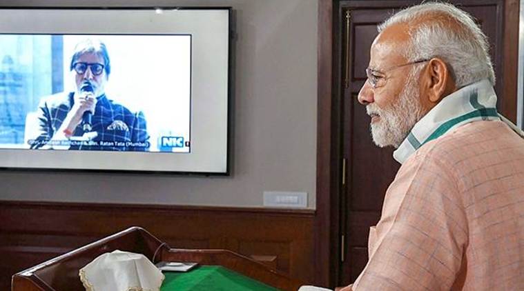 PM Narendra Modi during a video conference with actor Amitabh Bachchan, in New Delhi on Saturday. (PTI)