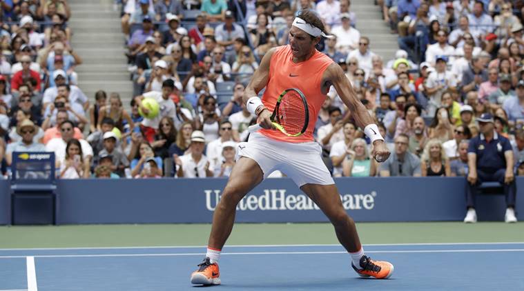 Rafael Nadal, of Spain, reacts after defeating Nikoloz Basilashvili, of Georgia, during the fourth round of the U.S. Open tennis tournament