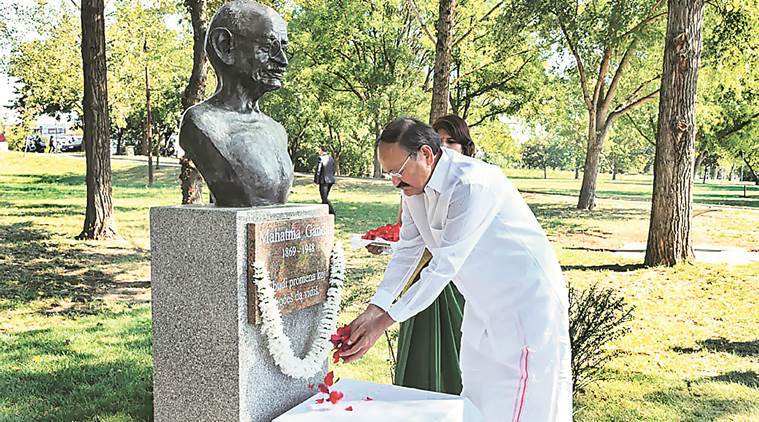 Naidu pays tribute to Mahatma Gandhi, in Belgrade, Serbia. (PTI)