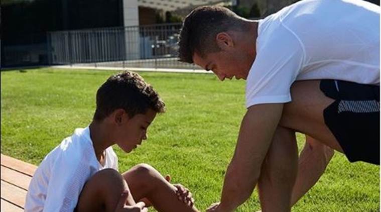 Turin, Italy. 19th May, 2019. Cristiano Ronaldo and his son Cristiano  Ronaldo Jr. during the Serie A, football match. Juventus vs Atalanta. Final  score was 1-1 at Allianz Stadium, in Turin, Italy