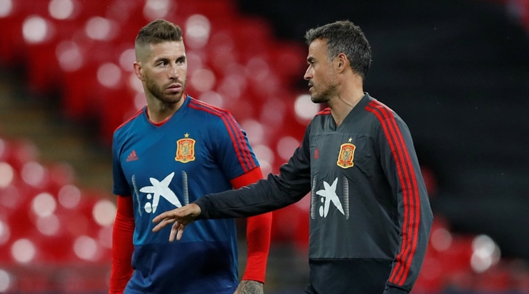 Spain's Sergio Ramos and coach Luis Enrique during training