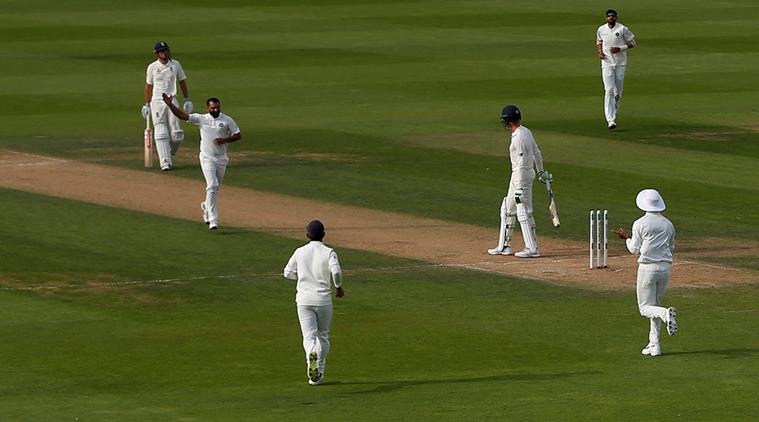 India's Mohammed Shami celebrates taking the wicket of England's Keaton Jennings with team mates in fifth Test at The Oval