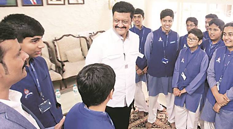 Students from Sanskriti School with Pune MP Anil Shirole at his home on Friday. Arul Horizon