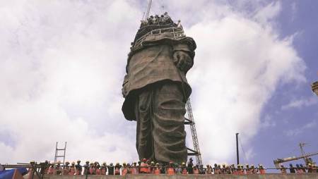 With a little over a month to go for inauguration, “the world’s tallest statue”, dedicated to Sardar Vallabhbhai Patel, stands at about 120-130 metres height — minus the head and shoulders
