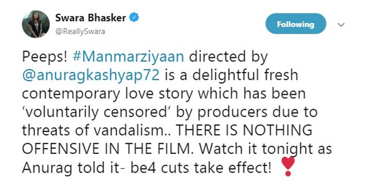 swara bhasker tweet on manmarziyaan controversy