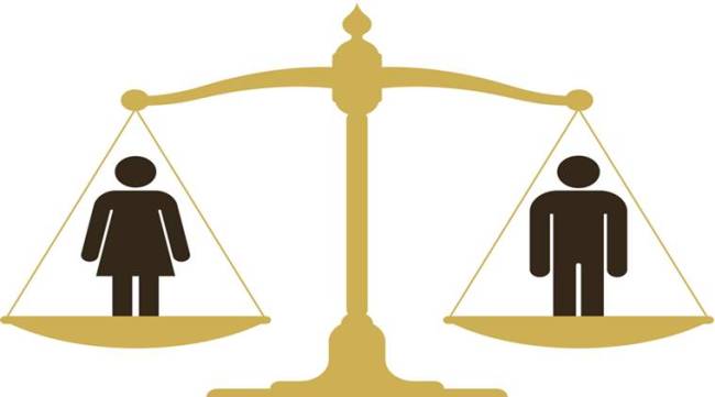 Balanced old fashioned pan scale with a man and woman showing the equality of the sexes illustration