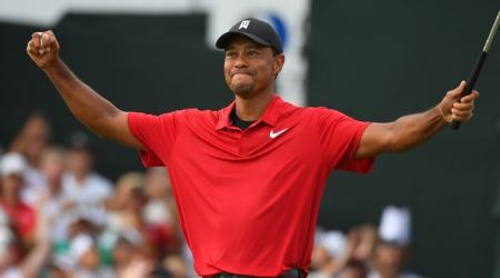 Tiger Woods reacts to win the Tour Championship golf tournament at East Lake Golf Club in Atlanta Georgia, U.S.
