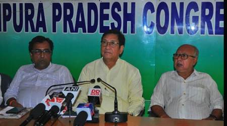 Tripura Congress chief Birajit Sinha addresses a press conference in Agartala. (Source: Express photo)