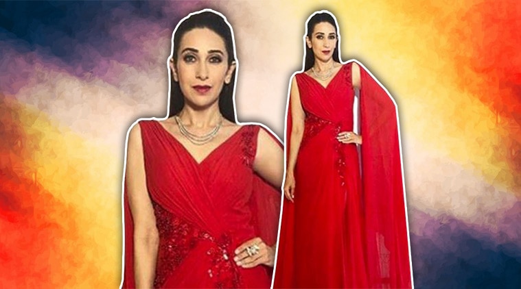 Karisma Kapoor stuns in this beautiful red cape dress by Nalandda Bhandari