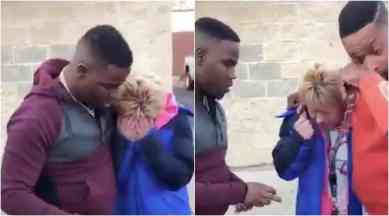 two black men help white woman with money, two men help woman with cash, black men give white woman cash, viral video, heartwarming video, indian express, indian express news