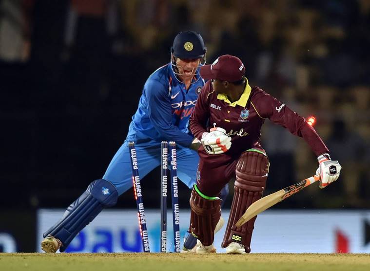 Indian wicket keeper MS Dhoni stumps West Indies' Keemo Paul during the 4th ODI cricket match, at Brabourne Stadium in Mumbai, Monday, Oct 29, 2018