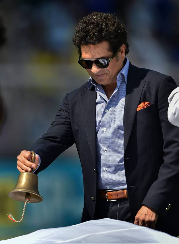 Mumbai: Former India player Sachin Tendulkar rings a bell before the 4th ODI cricket match between India and West Indies at Brabourne Stadium, in Mumbai, Monday, Oct 29, 2018.