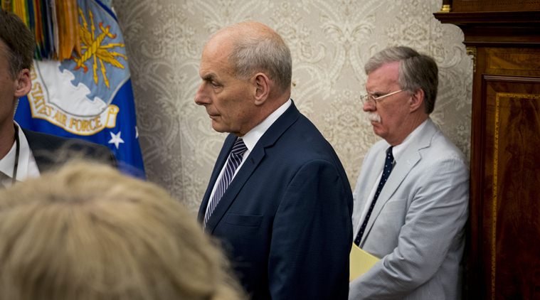 White House Chief of Staff John Kelly (center) looks on with John Bolton, the national security adviser, as President Donald Trump met Mark Rutte, the Dutch prime minister, in Washington last year. (The New York Times/File)