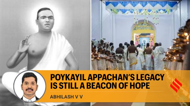 Poykayil Appachan (prdscollege.com) and prayers at the PRDS Church (Facebook/PRDS Sanathanam)