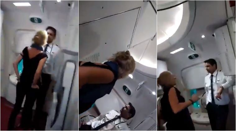 air india, air india crew abused, irish woman abuse air india crew, drunk passenger misbehaves in flight, viral videos, indian express, india news